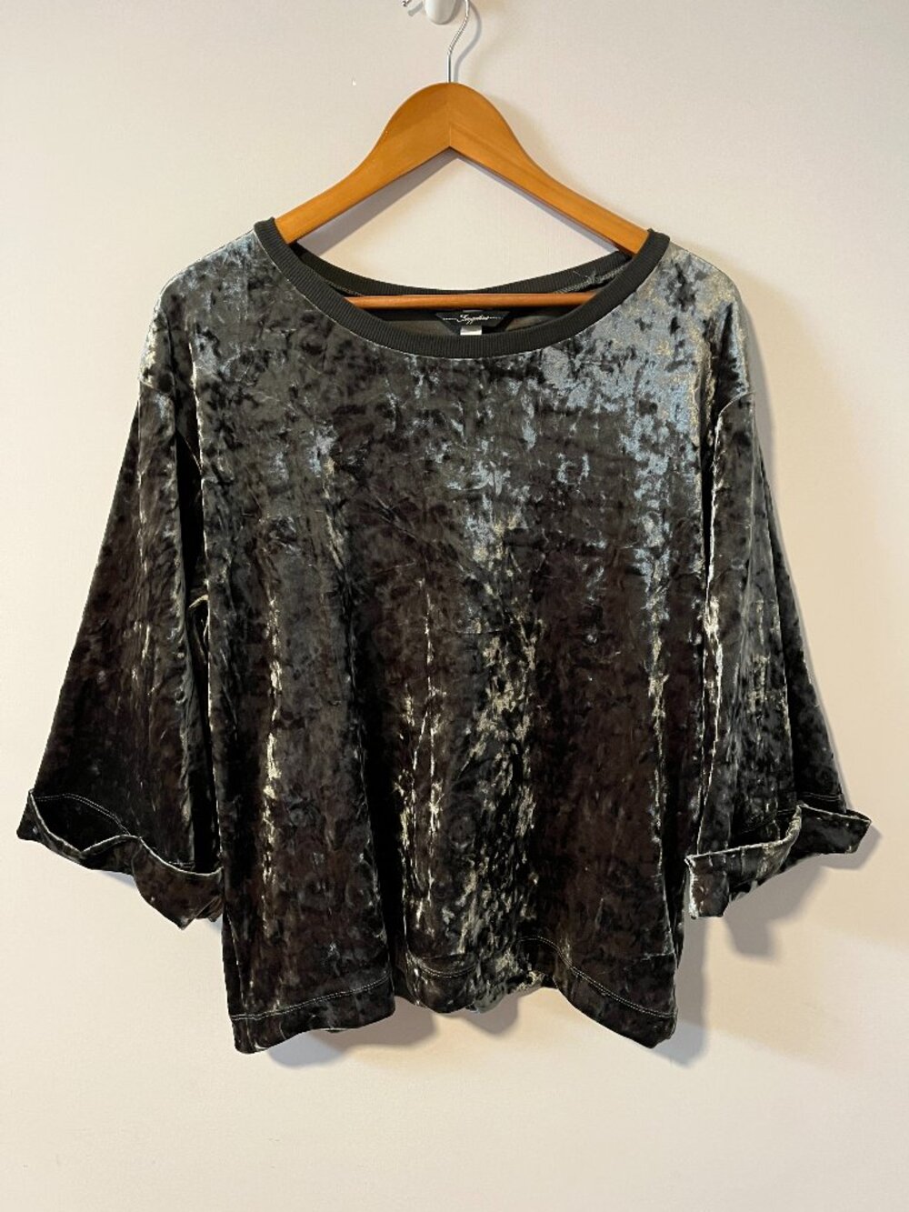 Supplies Dark Olive Green Crushed Velvet Velour Sweatshirt 3/4 Sleeves Oversized